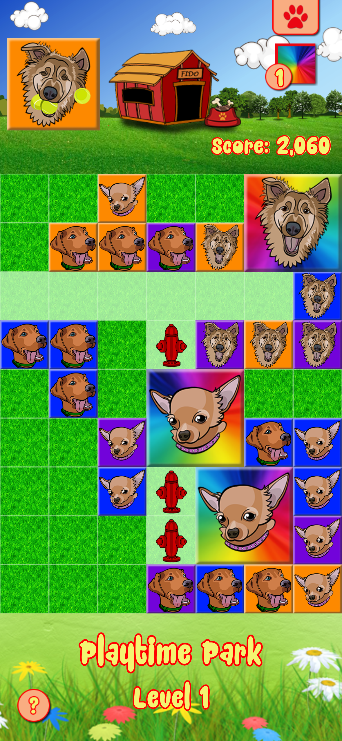 A Puppy Parks gameplay board with colorful puppies