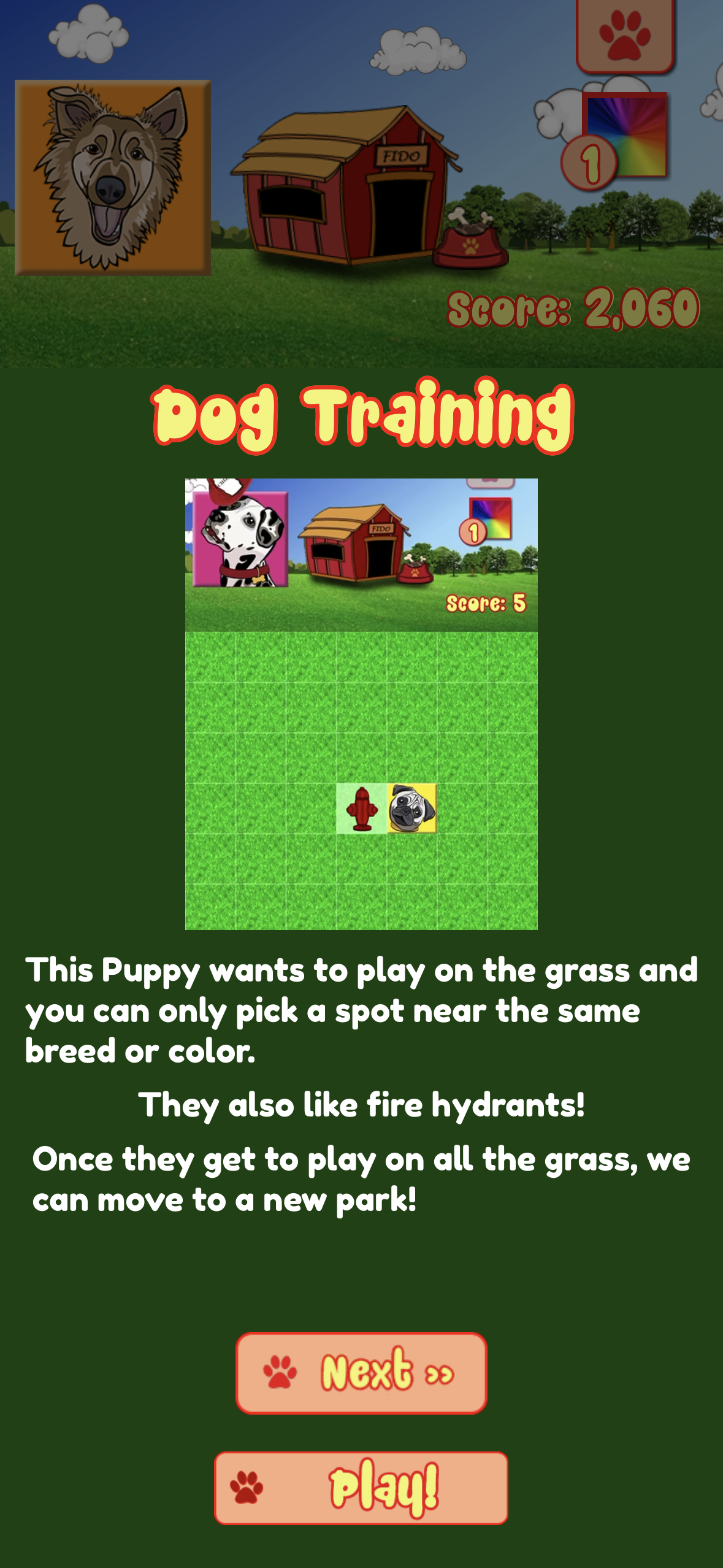 The Dog Training screen explaining the rules
